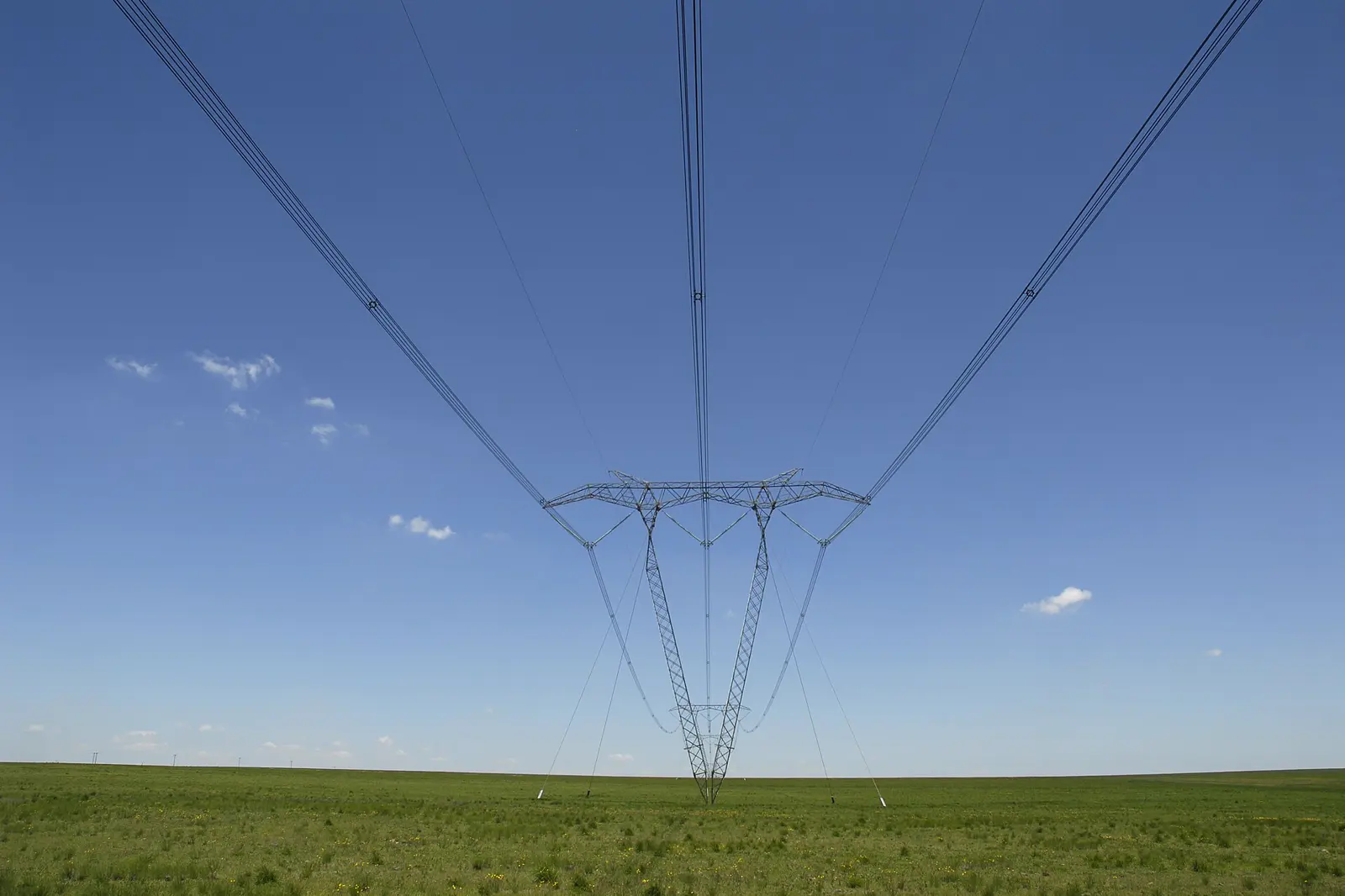 A guyed transmission pylon carrying high-voltage lines across farmland in Gauteng, seen from below.